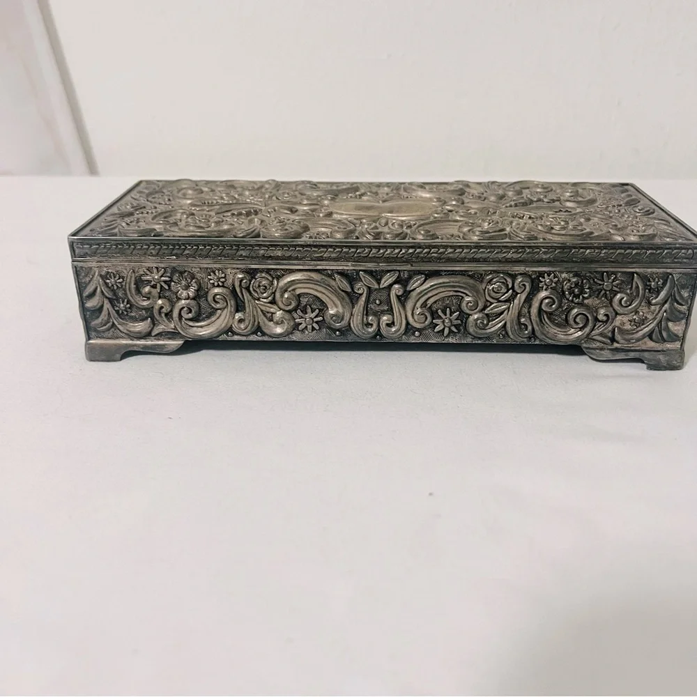 Vintage 1992 GODINGER SILVER Jewelry Trinket Box Heavy Floral Vine High Relief